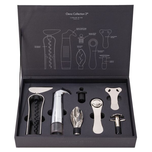 This wine accessory set by L’Atelier du Vin includes 7 elegant tools in a matte black case. Open, serve and preserve your finest bottles in style.