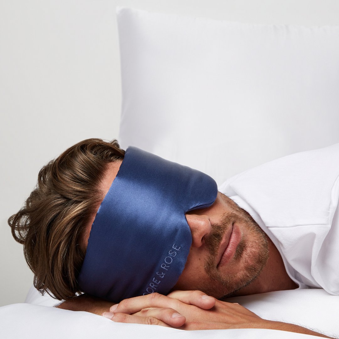 Dark blue mulberry silk sleep mask by Dore & Rose