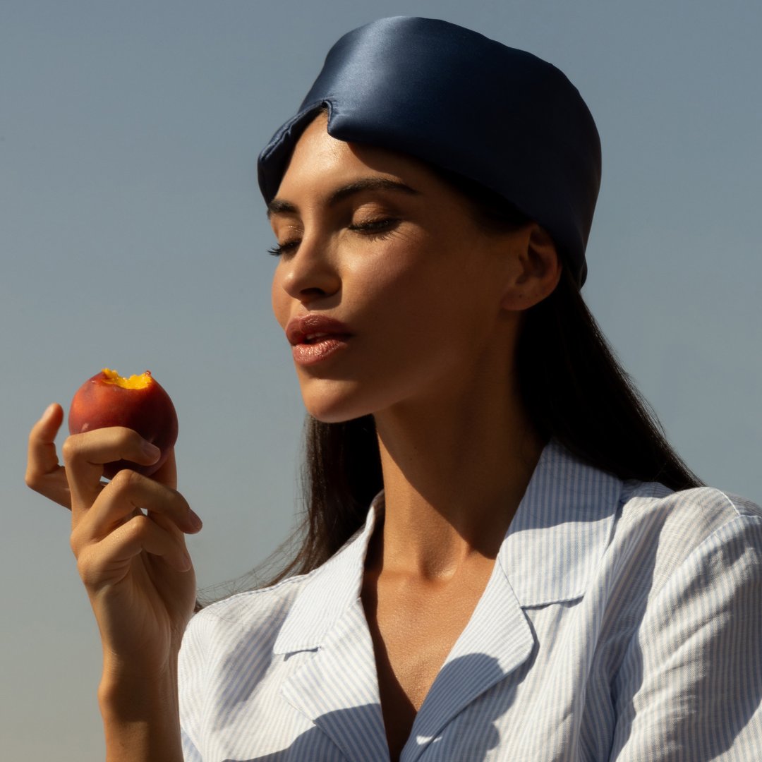 Dark blue mulberry silk sleep mask by Dore & Rose