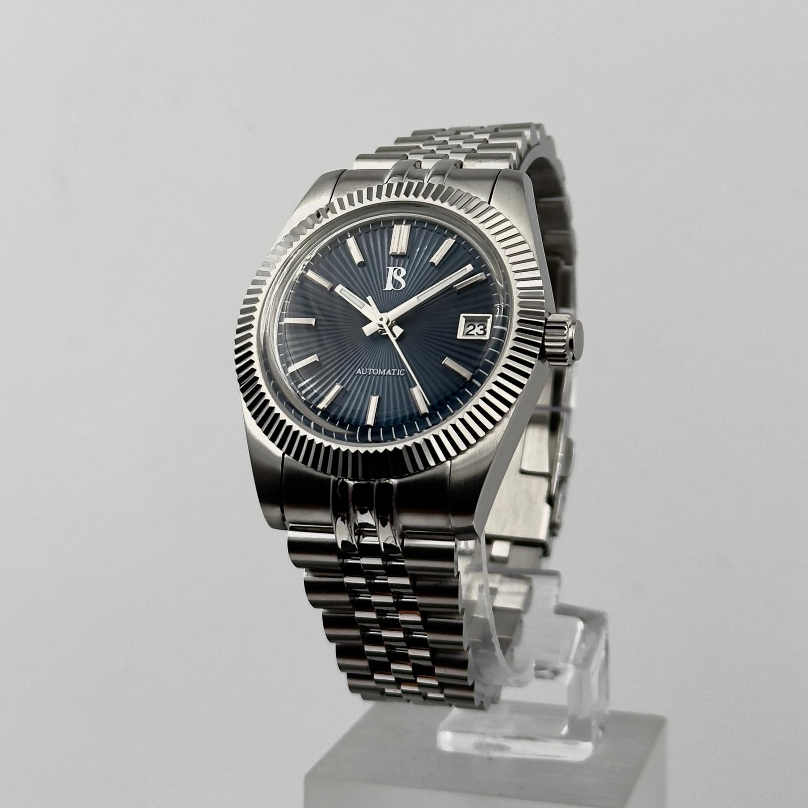 Bierkensteyn Date 38 Blue luxury watch styled with a formal outfit, perfect for elegant occasions