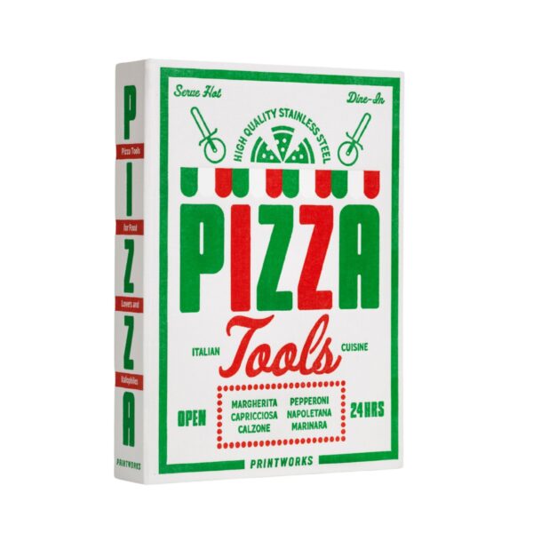Pizza tools set in book-style box with stainless steel cutter and serving spatula – elegant gift