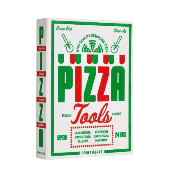 Pizza tools set in book-style box with stainless steel cutter and serving spatula – elegant gift