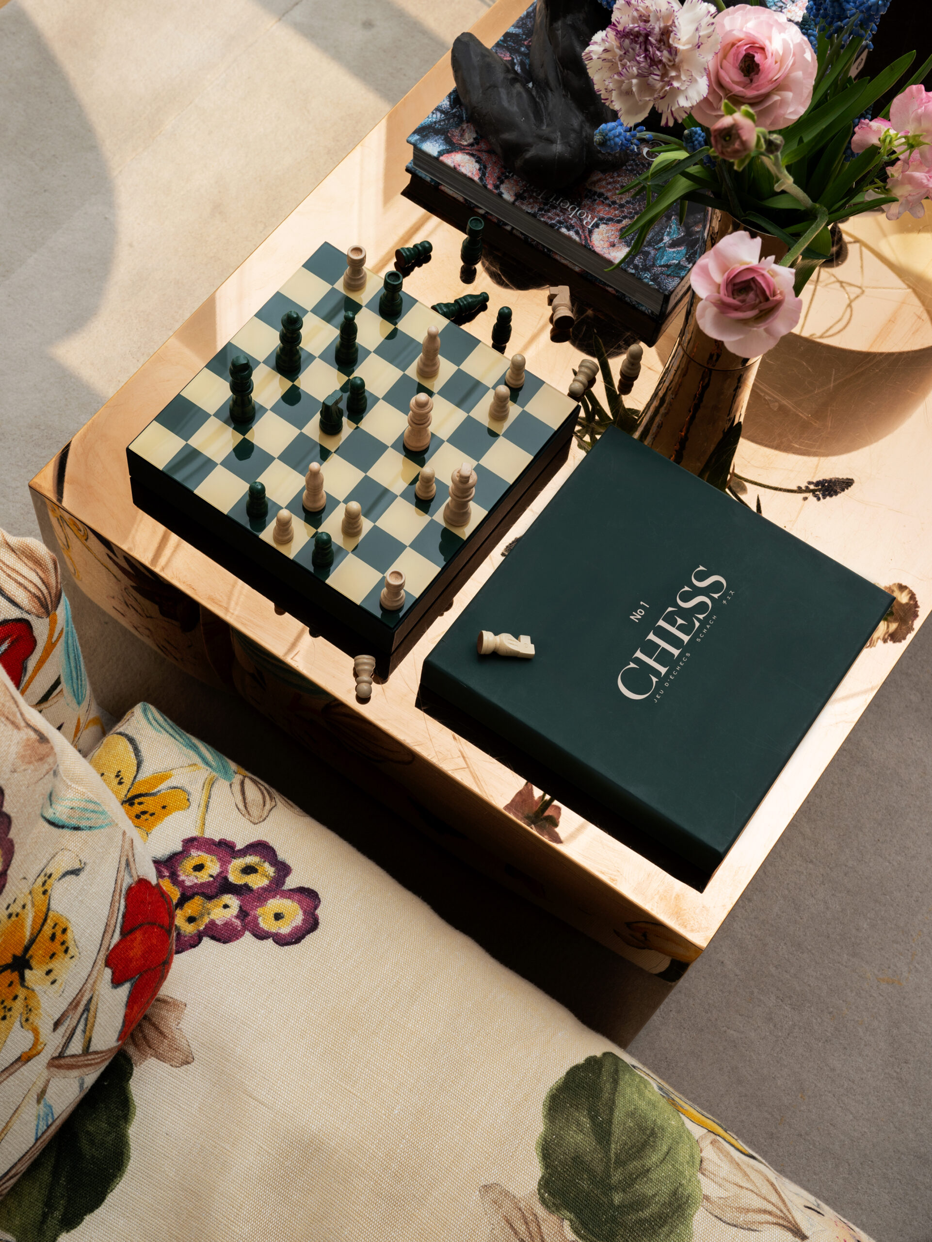 Luxury chess board game in green with elegant acrylic surface