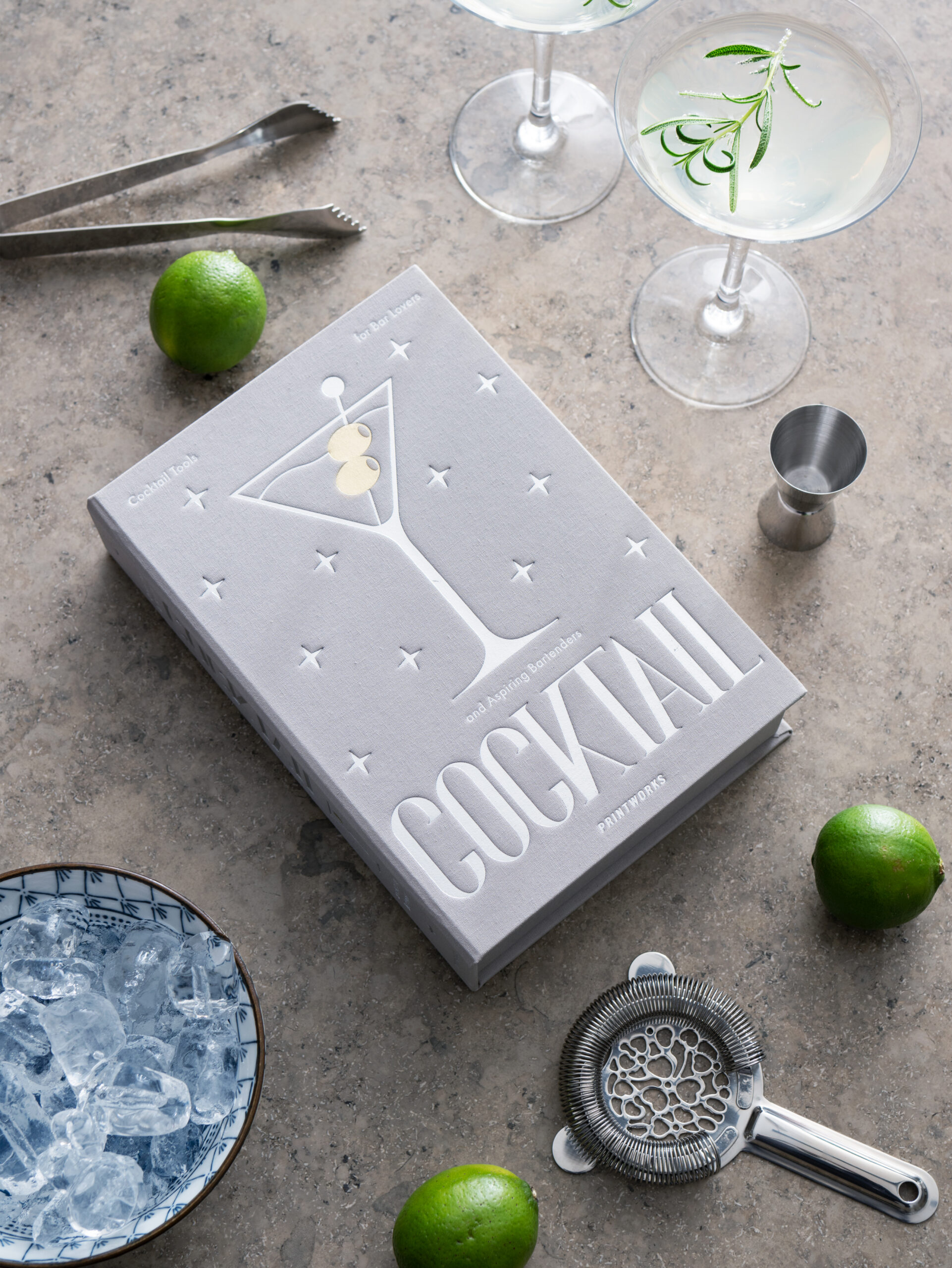 Luxury cocktail gift set with ice tongs, Hawthorne strainer and jigger in book-style box