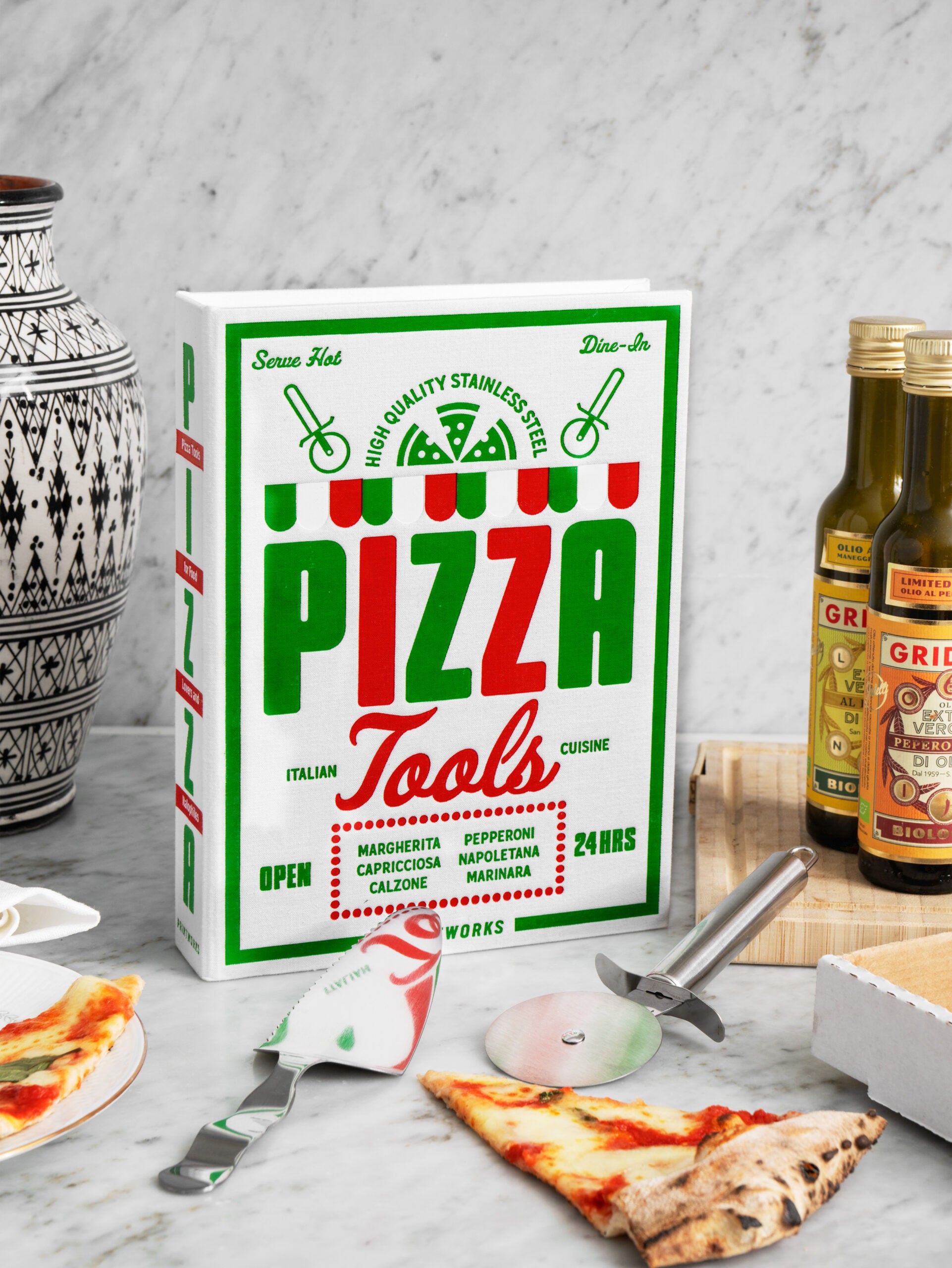 Pizza tools set in book-style box with stainless steel cutter and serving spatula – elegant gift