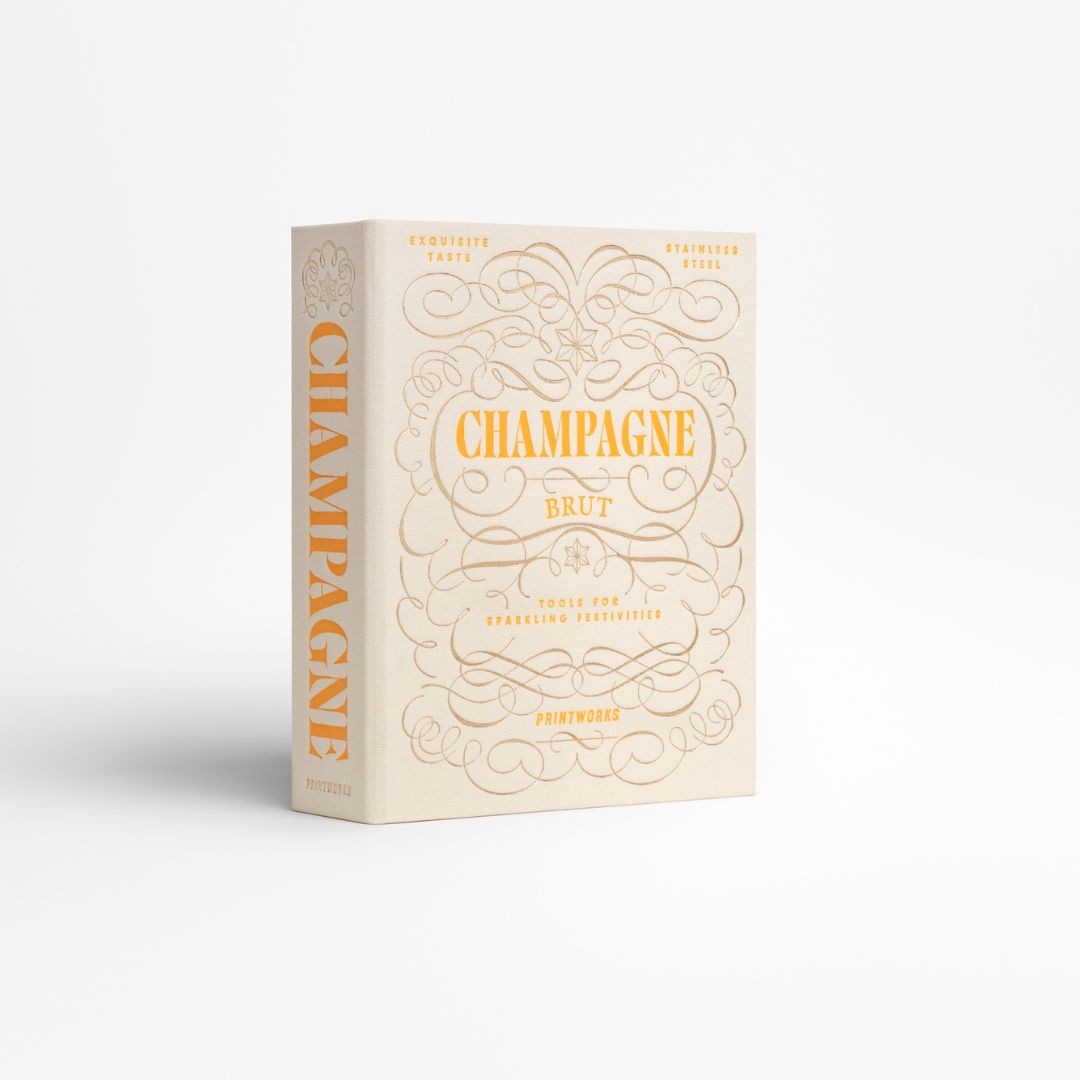 Champagne gift set in beige and orange book-style box with stainless steel opener and stopper – stylish gift