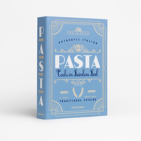Pasta gift set in bright blue book-style box with stainless steel spaghetti measurer, tongs and grater – luxury gift