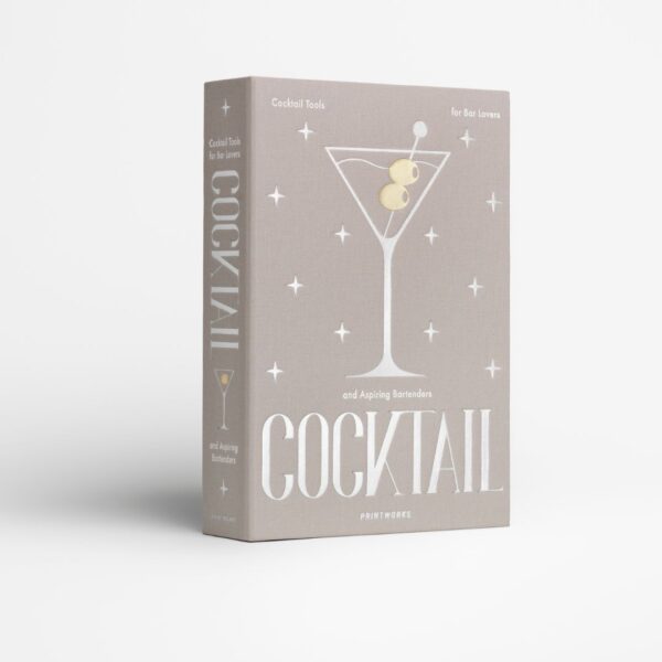 Cocktail gift set in grey/metallic book-style box with stainless steel ice tongs, Hawthorne strainer and jigger – luxury gift