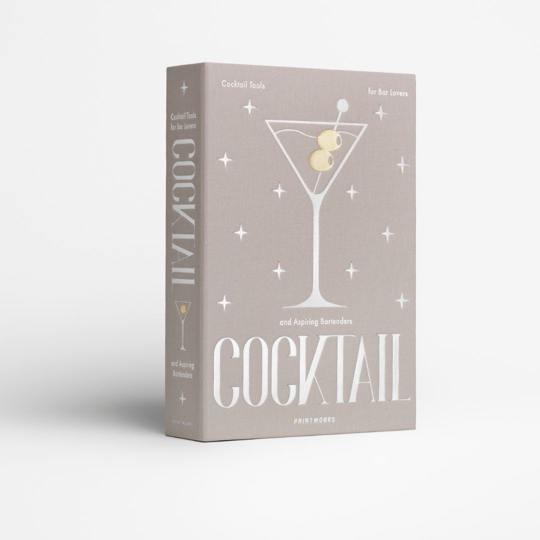 Cocktail gift set in grey/metallic book-style box with stainless steel ice tongs, Hawthorne strainer and jigger – luxury gift