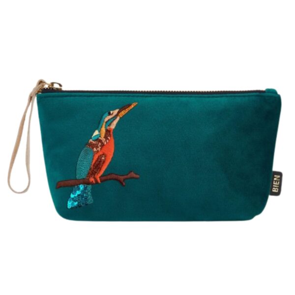Cosmetic pouch “Kingfisher” by BIEN – petrol velvet and satin-nylon with embroidered kingfisher.