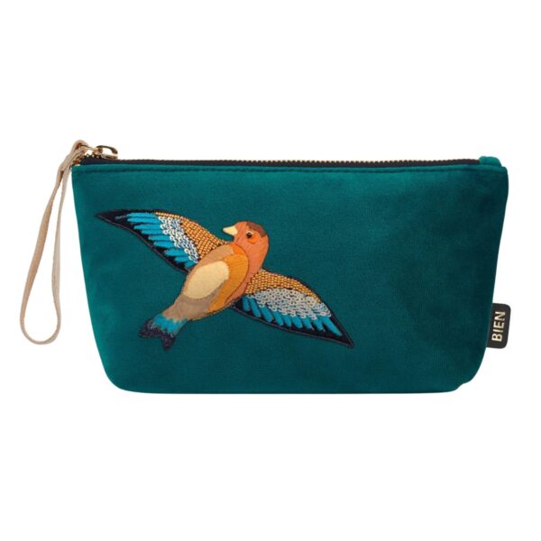 Velvet pouch bag “Petrol Goldfinch” by BIEN – petrol velvet and satin-nylon with embroidered goldfinch.