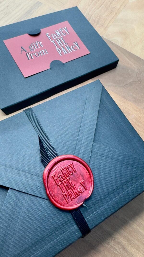 Fancy the Pancy luxury gift card – foil-stamped card in elegant gift box.