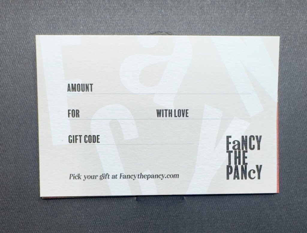 backside of giftcard from Fancy the Pancy