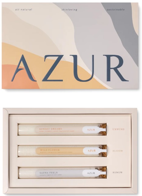Bathtime Stories Gift Set by Azur – bath salt gift set with three natural blends in glass tubes.