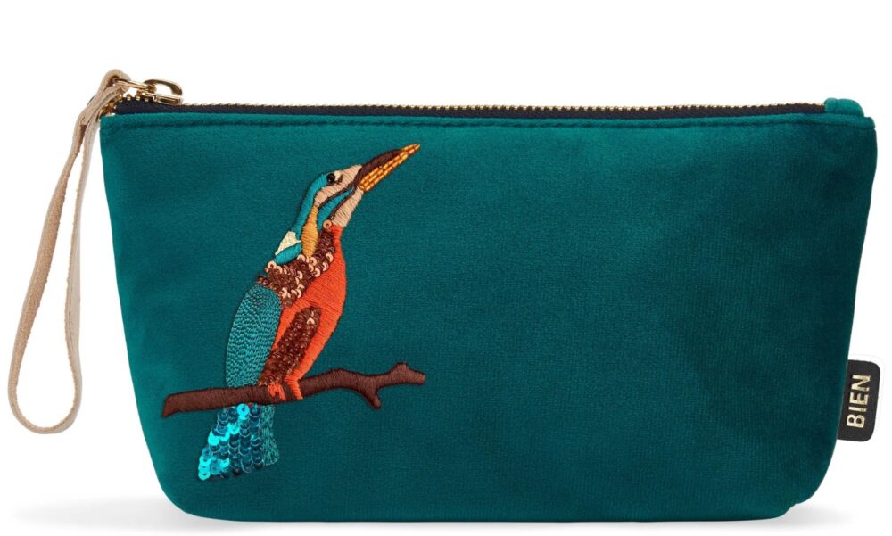 Cosmetic pouch “Kingfisher” by BIEN – petrol velvet and satin-nylon with embroidered kingfisher.