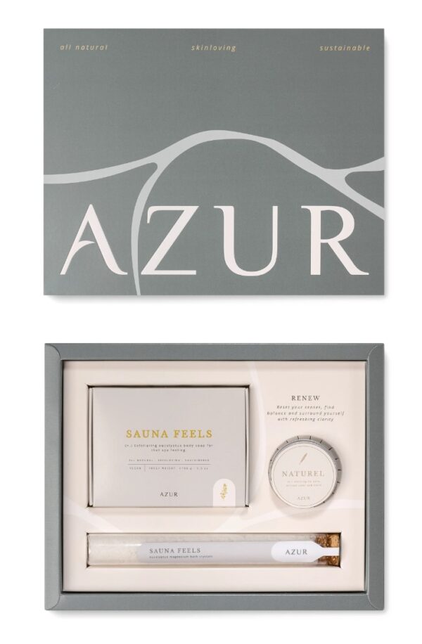 RENEW Gift Set – Sauna Feels by Azur, verwen cadeau met zoutzeep, lippenbalsem en badzout.
