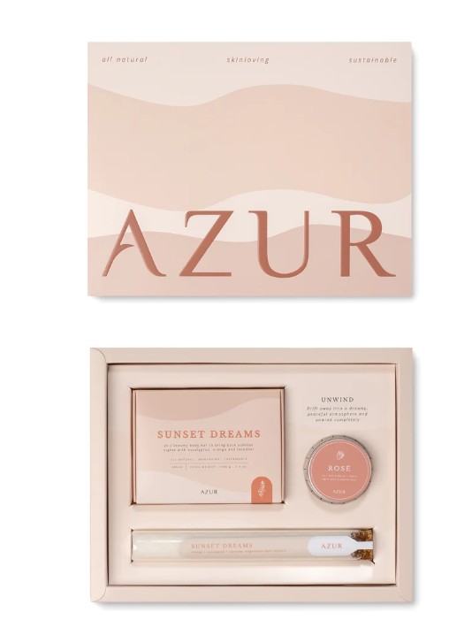 UNWIND Gift Set Sunset Dreams van Azur – ontspannings cadeau set met zeep, badzout en lippenbalsem.