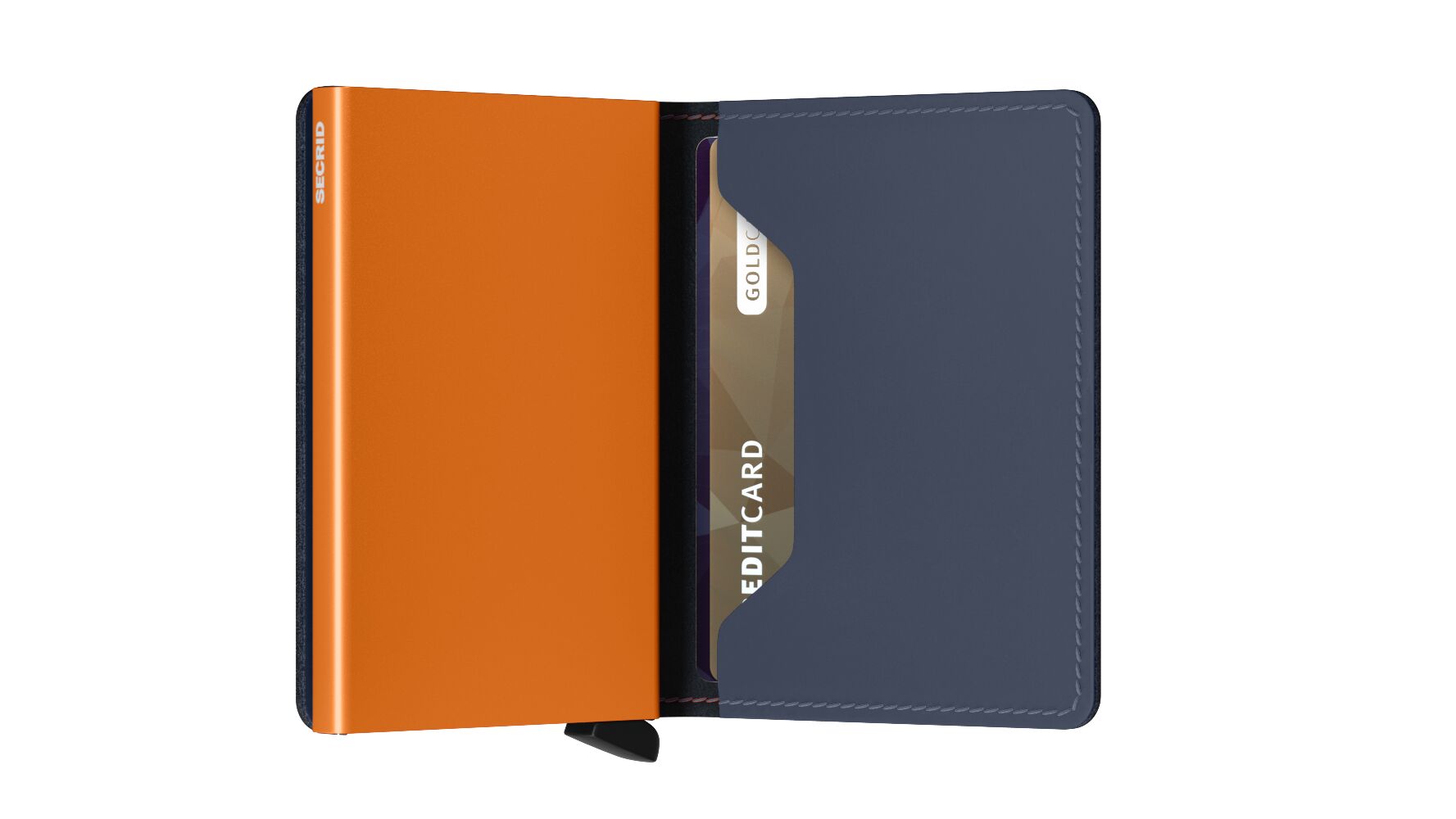 Secrid Slimwallet with nightblue leather and orange Cardprotector.
