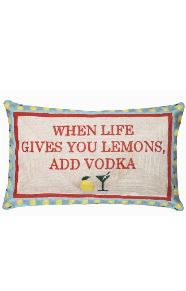 “When Life Gives You Lemons” lemon quote cushion with needlepoint front and green velvet back.