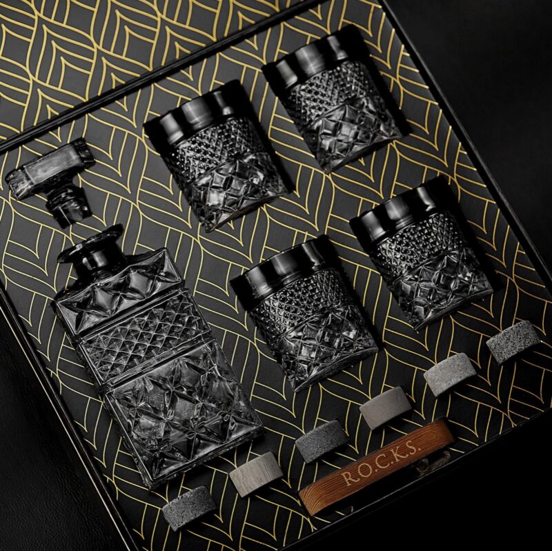 Whiskey Decanter with Glasses & Chilling Stones Gift Set CLOSE UP
