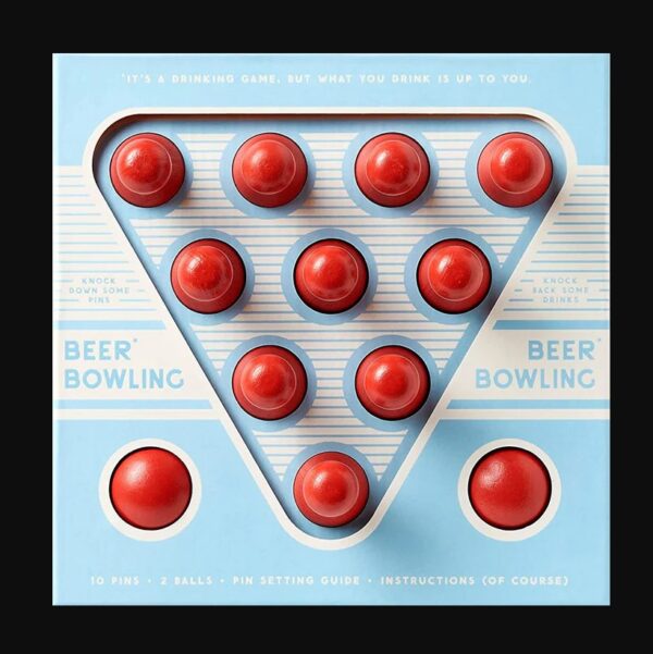 Bier Bowling Drinkspel Set met MDF pins en ballen, inclusief drie spelvarianten en pinsetter.