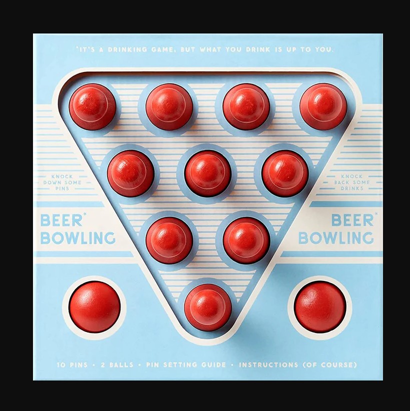 Bier Bowling Drinkspel Set met MDF pins en ballen, inclusief drie spelvarianten en pinsetter.