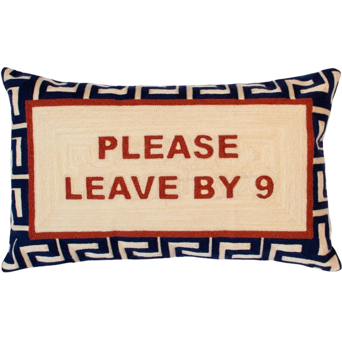 Please Leave By 9” handmade needlepoint cushion with navy velvet back.