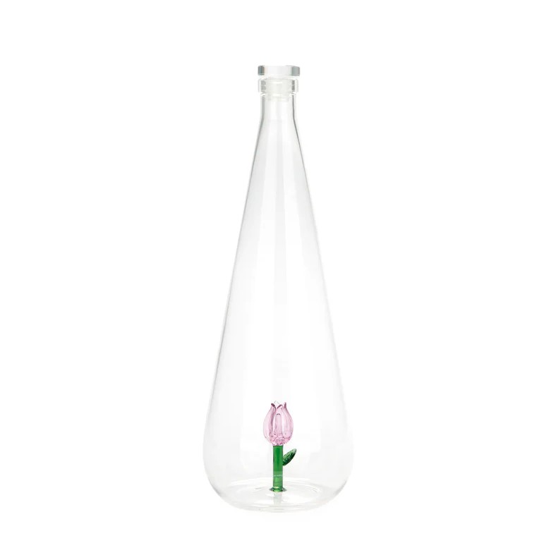 Decorative glass bottle with handmade pink tulip inside, 1L borosilicate design photographed in soft light.