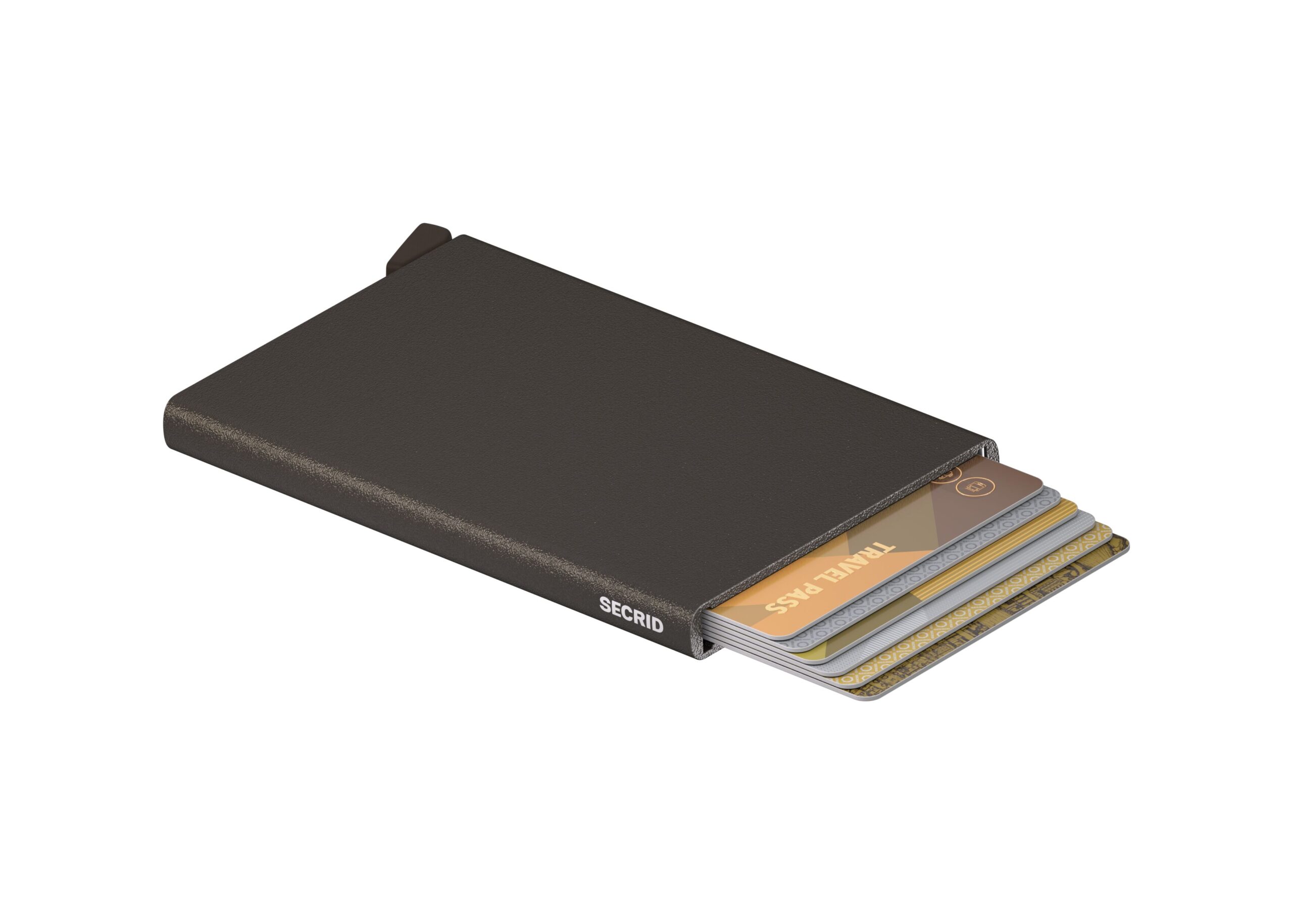 Brown aluminium card holder with patented quick-access mechanism, photographed in a clean and modern style.