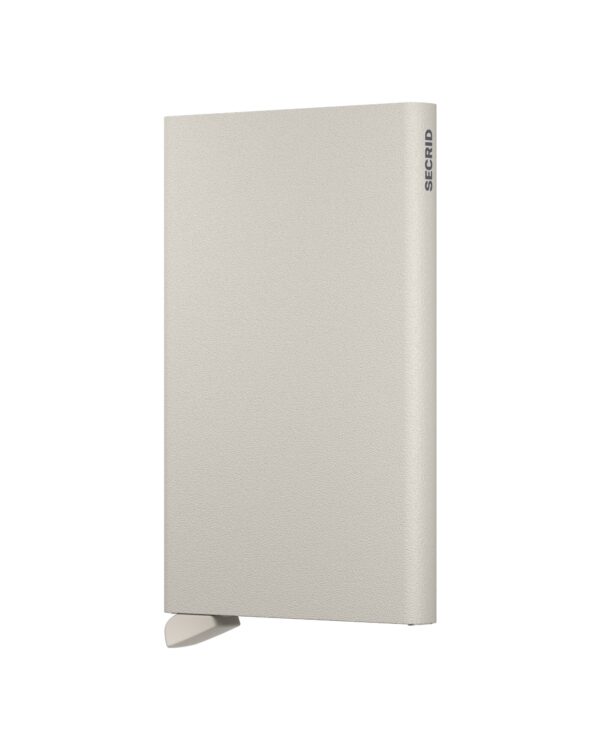 White aluminium card holder with patented quick-access mechanism, photographed in a clean and minimal Fancy the Pancy style.”