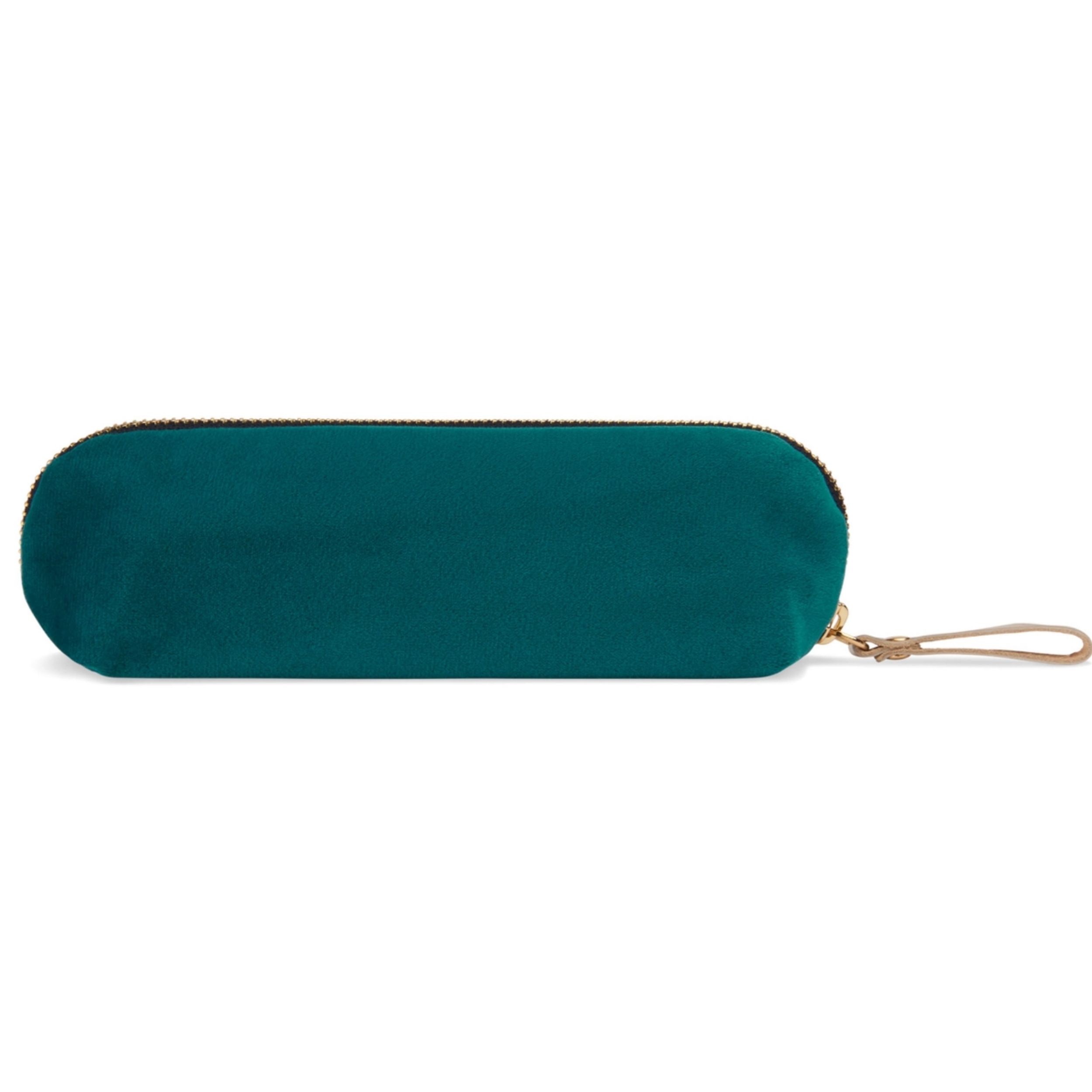 Petrol velvet pencil pouch with embroidered quote and gold zipper by BIEN