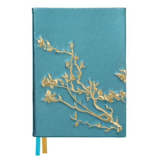 Metallic blauw notitieboek met goud Almond Blossom-borduursel, geïnspireerd op Van Gogh
