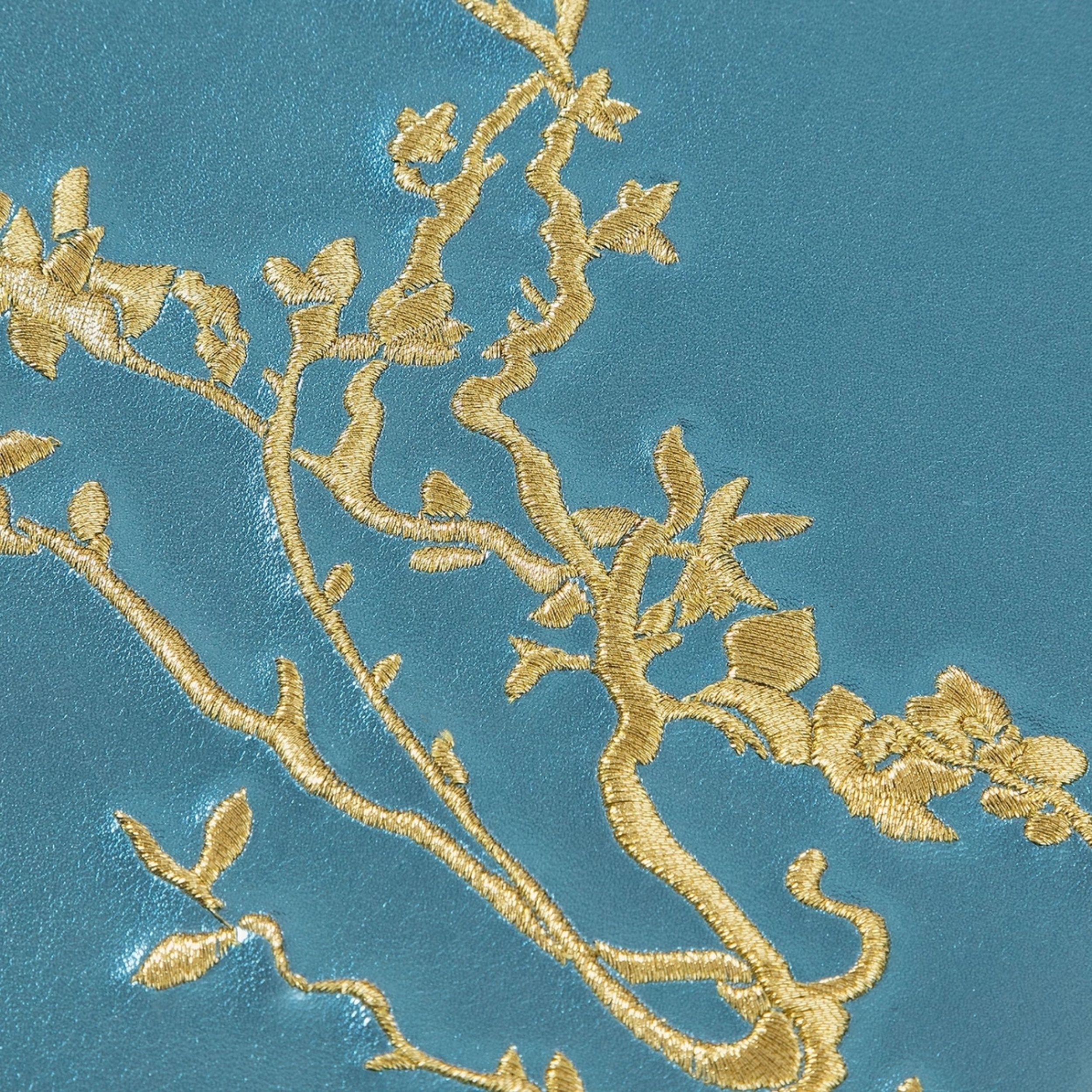 Metallic blue embroidered notebook with gold Almond Blossom inspired by Van Gogh.