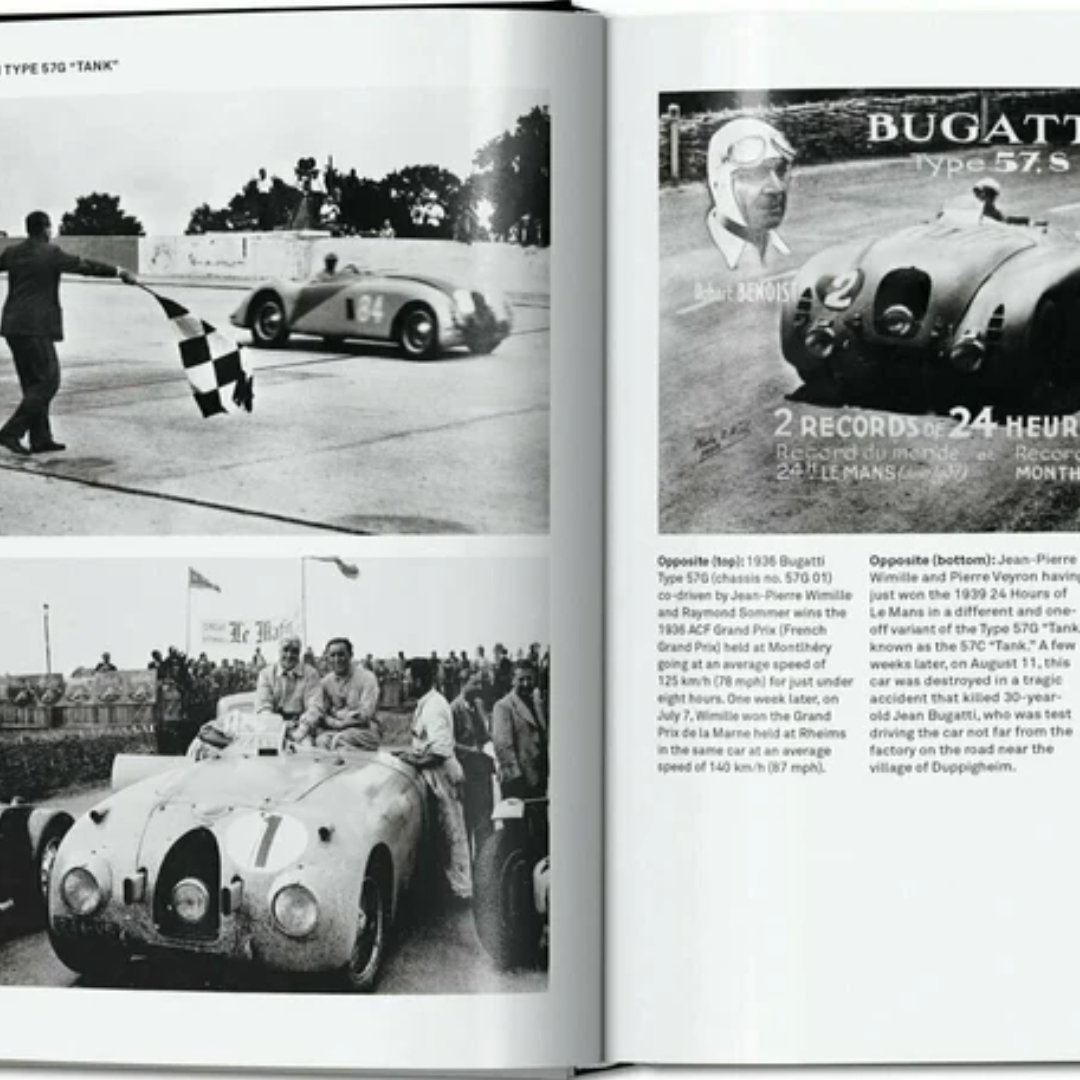 Luxury coffee table book showcasing iconic sports cars including Ferrari 250 GTO and Mercedes-Benz 300 SLR