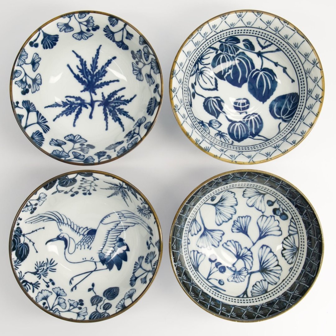 Flora Japonica crane bowls with botanical artwork.