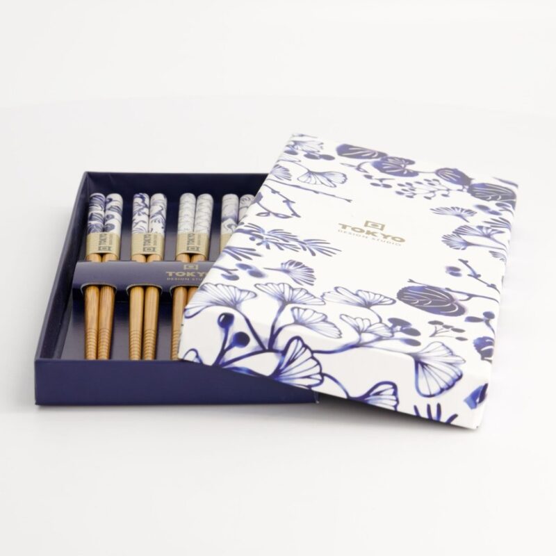 Flora Japonica chopsticks set with five botanical designs in a luxury gift box.