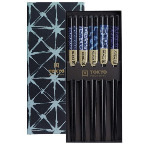 Blue chopsticks set by Tokyo Design Studio with five patterned designs