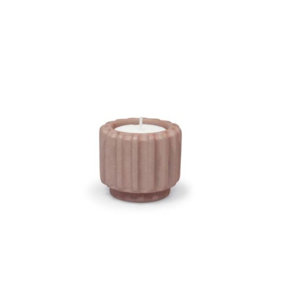 Warm Dentelles wide t-light holder in mocha colour with ribbed cement design, styled as a cosy interior candle holder.