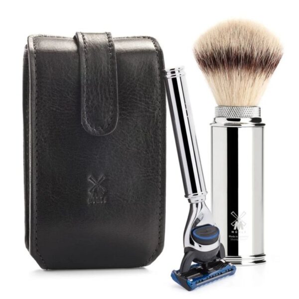 Shaving travel set by MÜHLE with Fusion razor and Silvertip Fibre shaving brush in black leather case