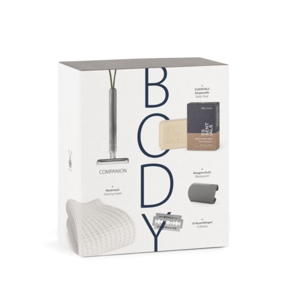 Duurzame body scheerset van MÜHLE met unisex safety razor, scheerhanddoek en vaste lichaamszeep