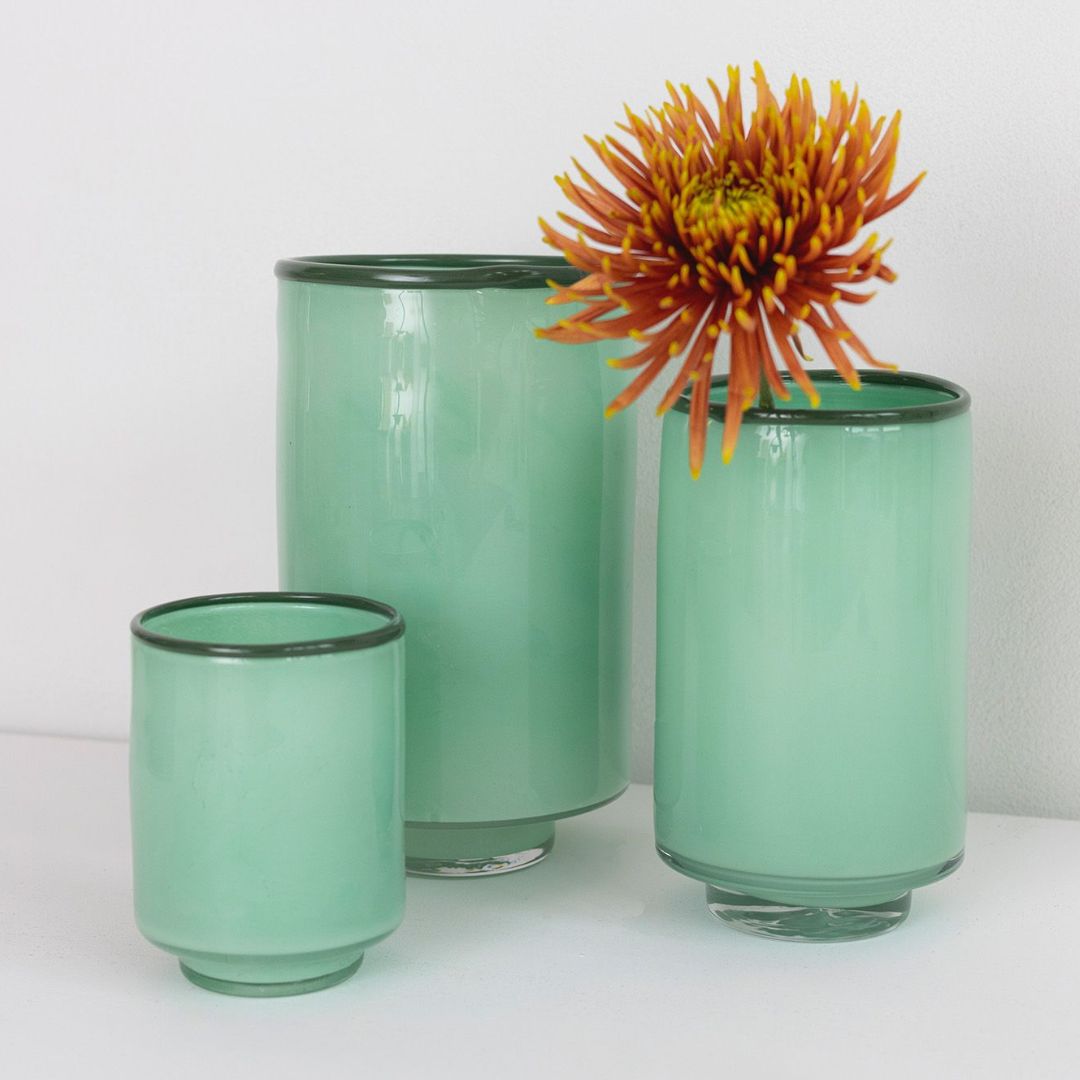Pistachio green vase 26cm from the Milo collection. Modern glass design, perfect for fresh flowers or as a sculptural interior accent.