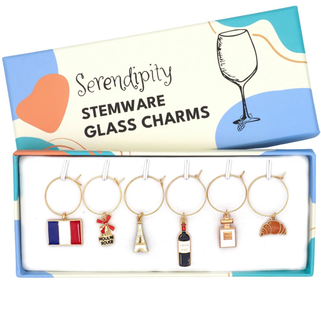 French wine charms set with Eiffel Tower croissant French flag Moulin Rouge wine bottle and perfume designs