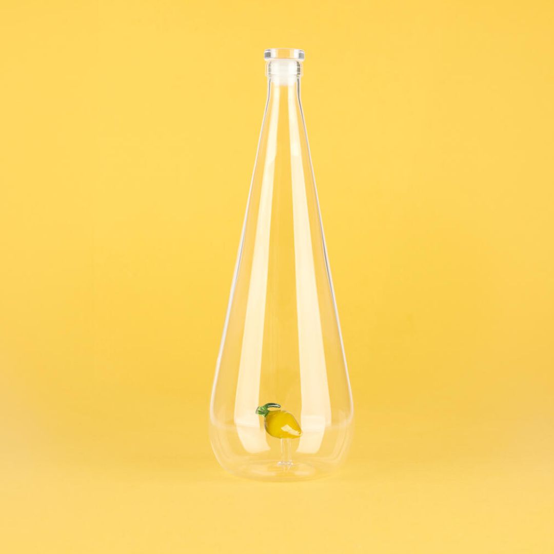 glass lemon water bottle Balvi botanical design yellow lemon inside glass