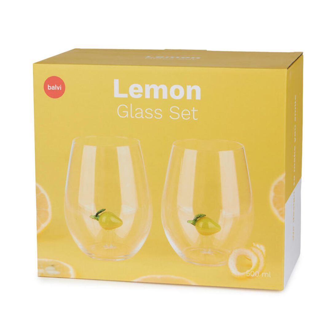Lemon glass set of 2 handcrafted borosilicate glasses by Balvi. A playful citrus design that pairs perfectly with the matching lemon bottle.