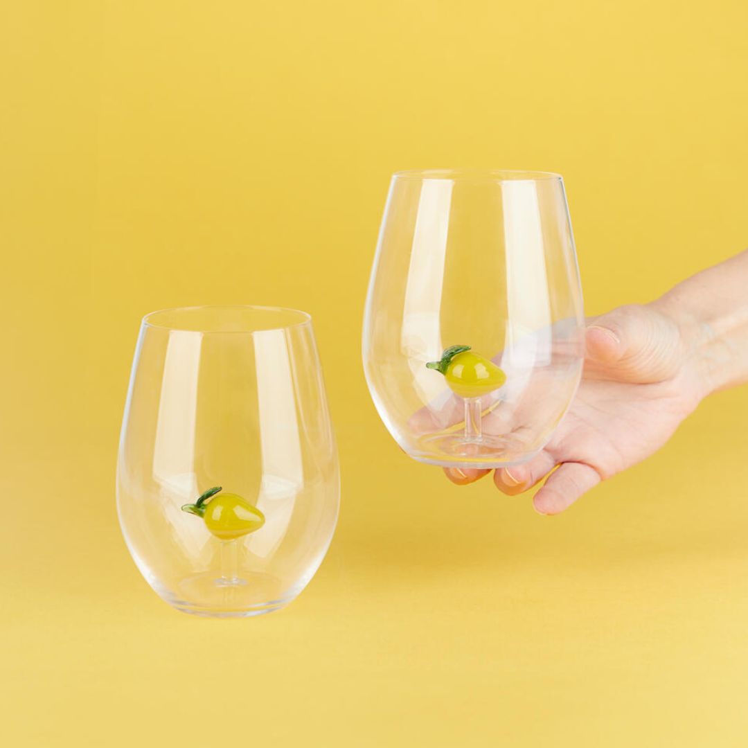 Lemon glass set of 2 handcrafted borosilicate glasses by Balvi. A playful citrus design that pairs perfectly with the matching lemon bottle.