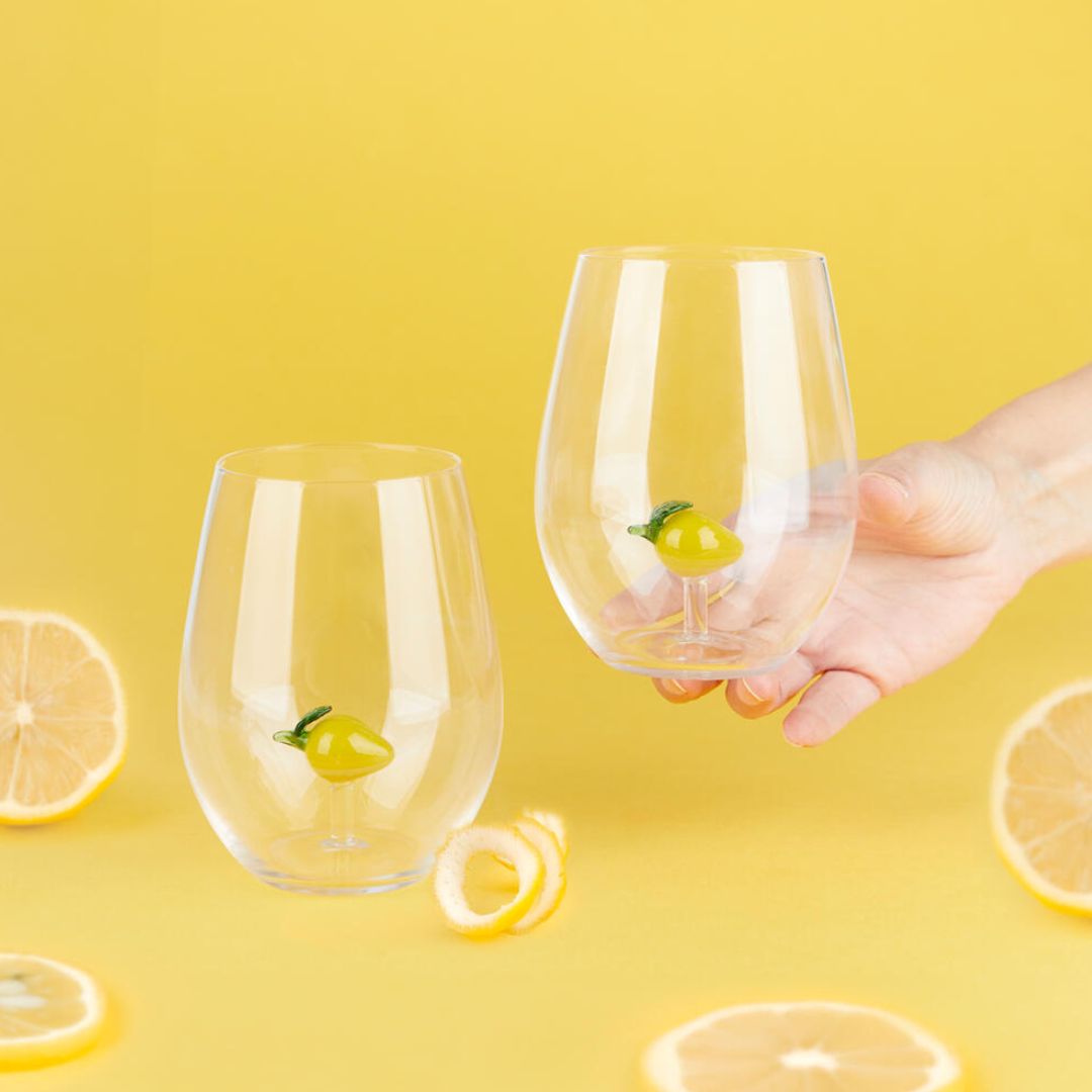 Lemon glass set of 2 handcrafted borosilicate glasses by Balvi. A playful citrus design that pairs perfectly with the matching lemon bottle.