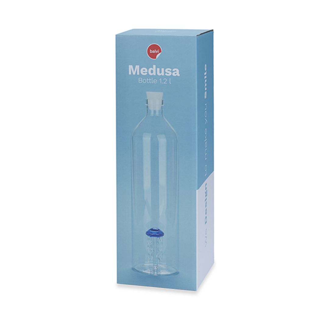 Balvi medusa glass water bottle with blue jellyfish design inside made of borosilicate glass