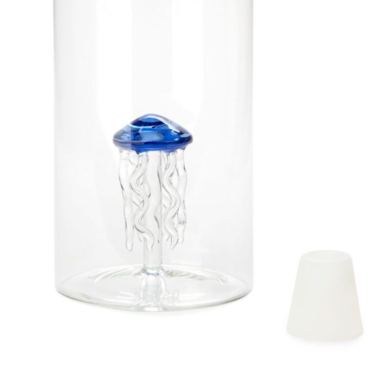 Balvi medusa glass water bottle with blue jellyfish design inside made of borosilicate glass