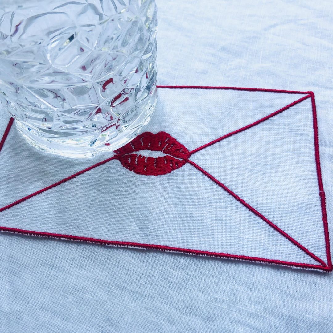 embroidered linen cocktail napkins red lips white linen love letter set