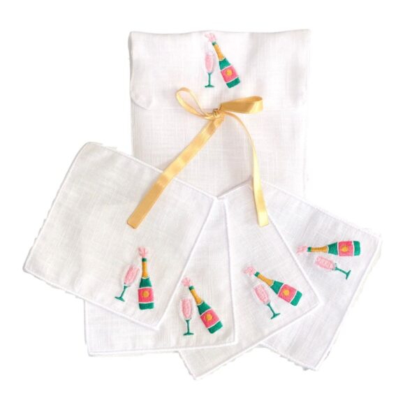 champagne cocktail servetten linnen geborduurd wit set